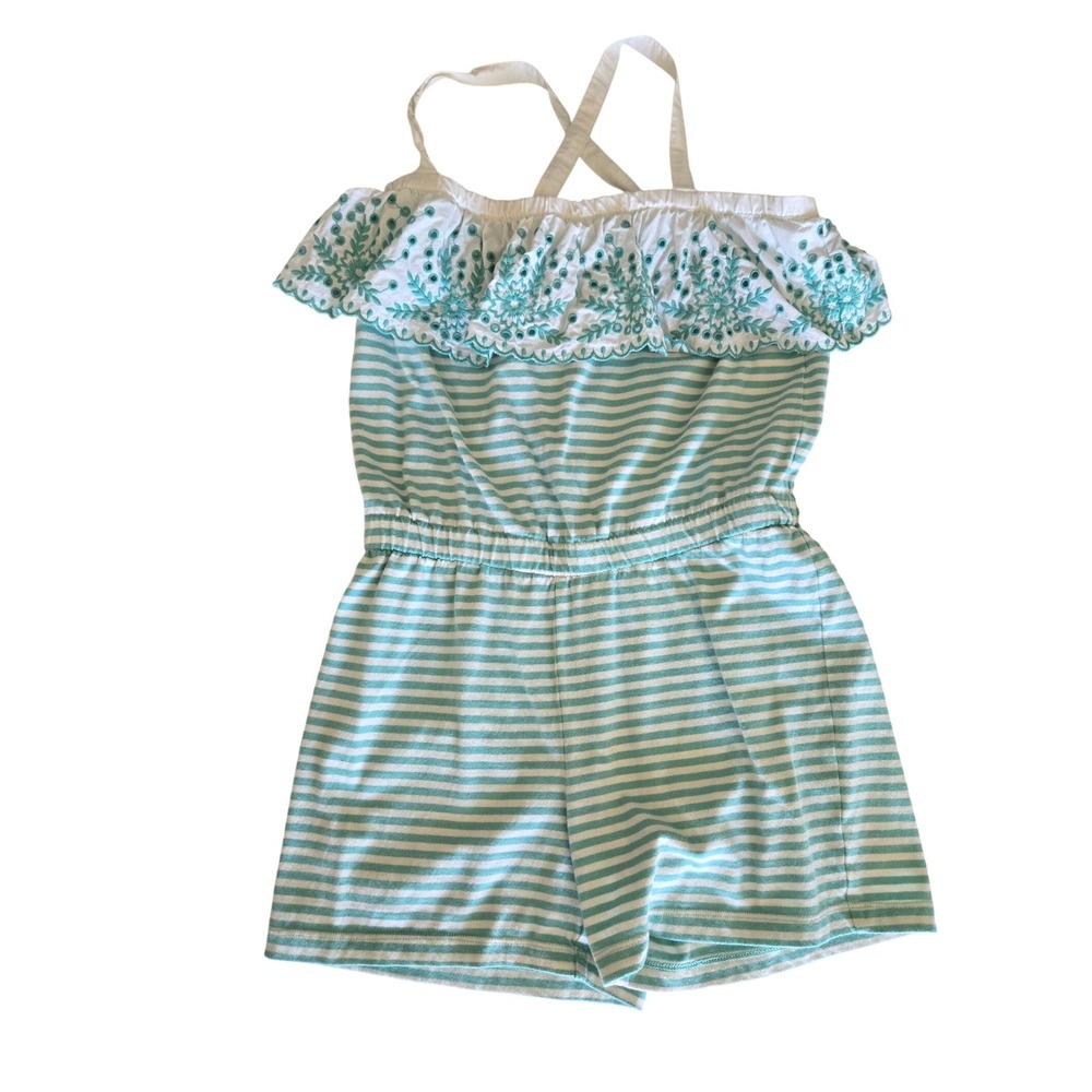 Hanna Andersson Girls Size 12 Romper White Green Striped Eyelet Ruffle Strappy